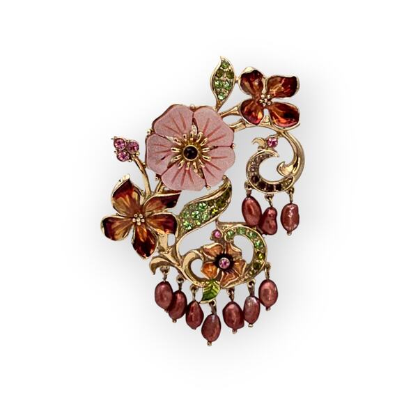 Floral & Mother-of-Pearl Style Brooch Pink Blossoms, Rhinestones & Dangle Pearls - Picture 6 of 9